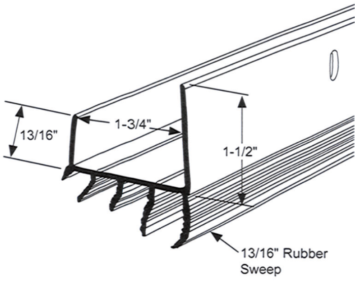 Door Shoe, 1-3/4"W x 1-1/2"H, Plus 13/16" Rubber Sweeps, 35-3/4" Long, White Sizing Chart