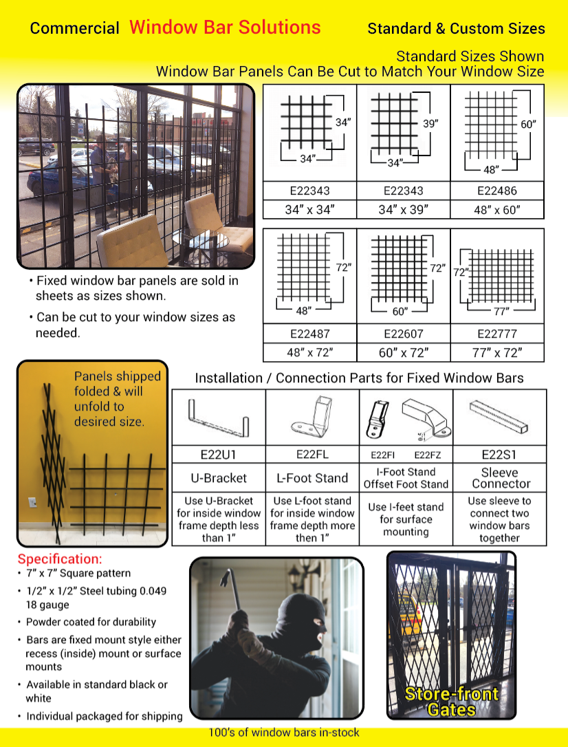 Sample sheet showing commercial window bar dimensions and installation items