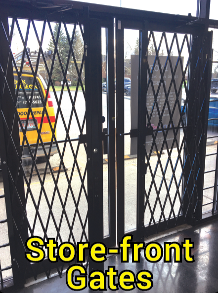 024- Security Folding Gate Window Bar For Storefront Doors & Warehouse Doors Complete With Hinge on One Side Requires Optional Slam Lock or Locking Post White, 58"W x 79"H _ E1158W