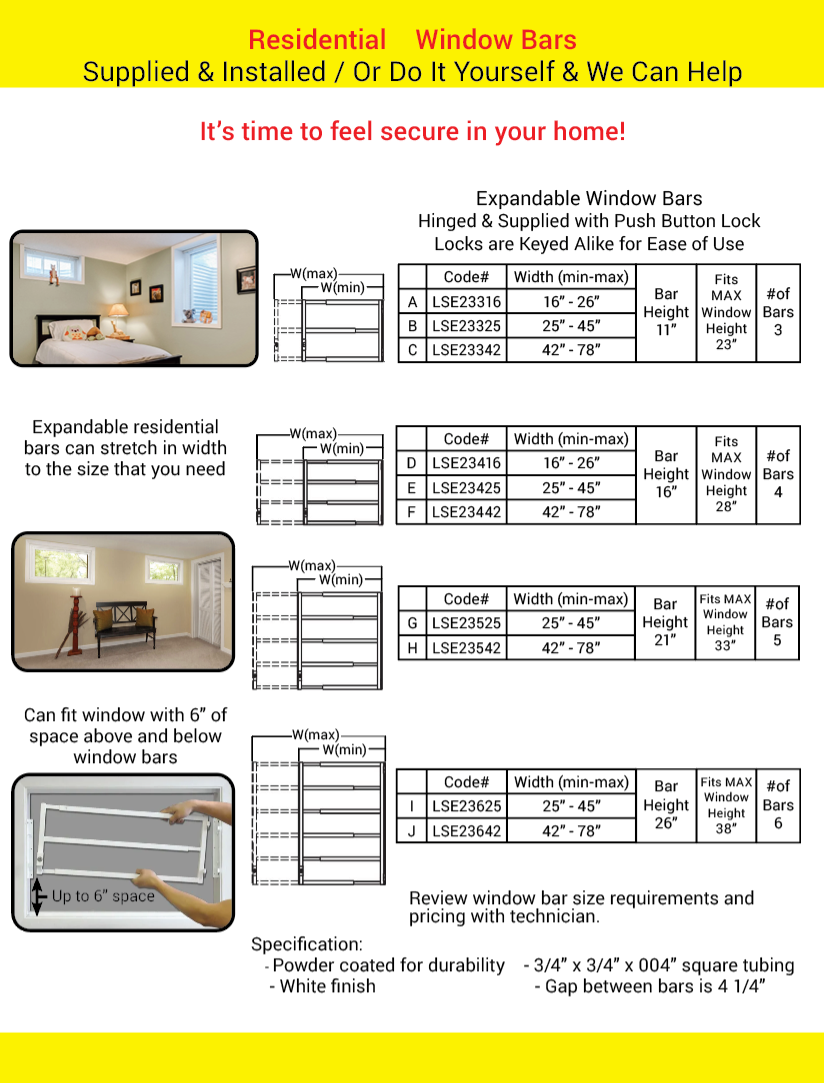 Expandable window bar chart explaining window bar widths & heights to meet customer's window security bar nees.