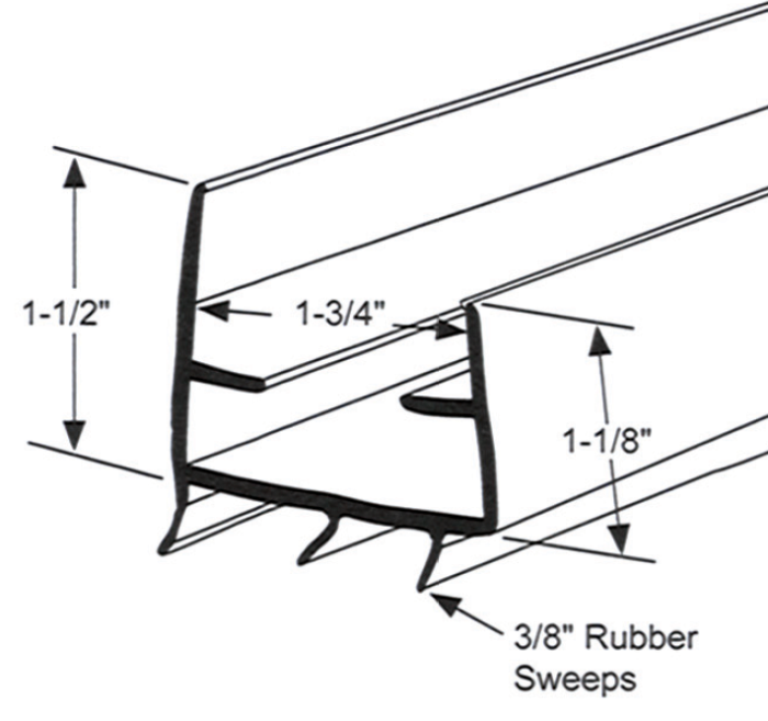 Door Shoe Sweep, 1-3/4"W x 1-1/2"H, Plus 3/8" Rubber Sweeps, 35-3/4"Long, Sizing Chart