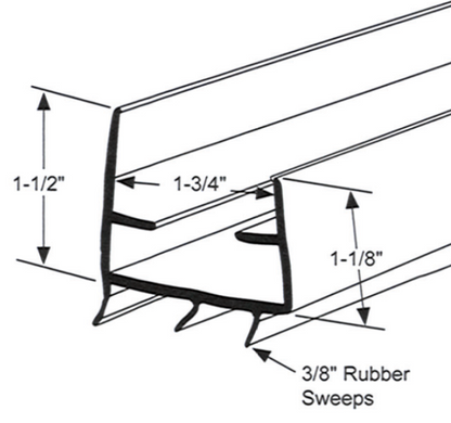 Door Shoe Sweep, 1-3/4"W x 1-1/2"H, Plus 3/8" Rubber Sweeps, 35-3/4"Long, Sizing Chart