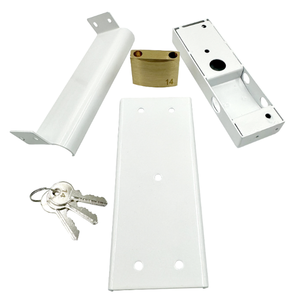 Folding gate lock option. Slam lock with 100% steel chamber, covered. White. 1