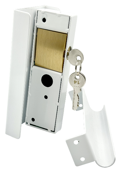 Folding gate lock option. Slam lock with 100% steel chamber, covered. White. 2