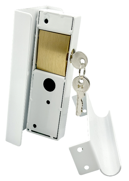 Folding gate lock option. Slam lock with 100% steel chamber, covered. White. 2
