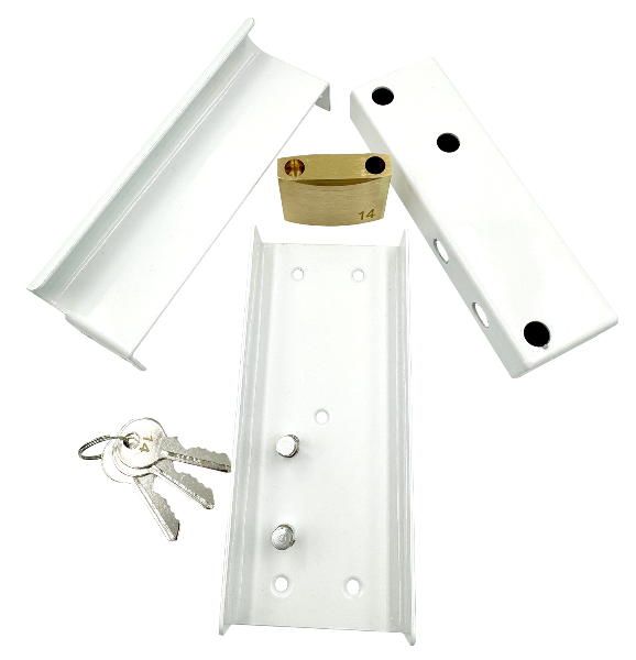 Folding gate lock option. Slam lock with 100% steel chamber, covered. White. 3
