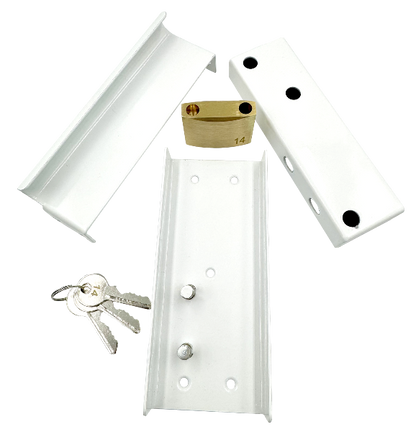 Folding gate lock option. Slam lock with 100% steel chamber, covered. White. 3